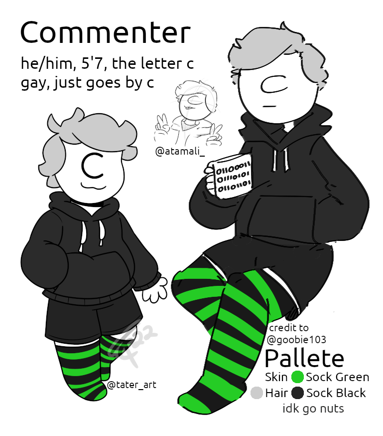 Reference sheet for my sona, a pure white humanoid boy with very fluffy light grey hair, and his face is only the letter C and a mouth. He is a humanoid embodiment of the letter C. He wears a dark grey hoodie and gym shorts, paired with black and green striped thigh highs. His name is Commenter, nicknamed C, he uses he/him pronouns, and he is gay.